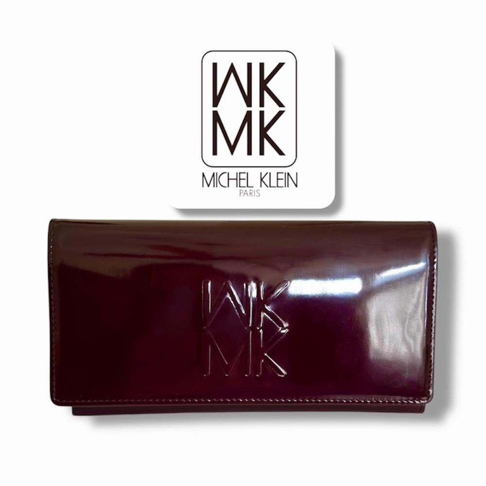 Rare Michel Klein Paris Long Burgundy Oxblood Patent Leather Flap Wallet Clutch